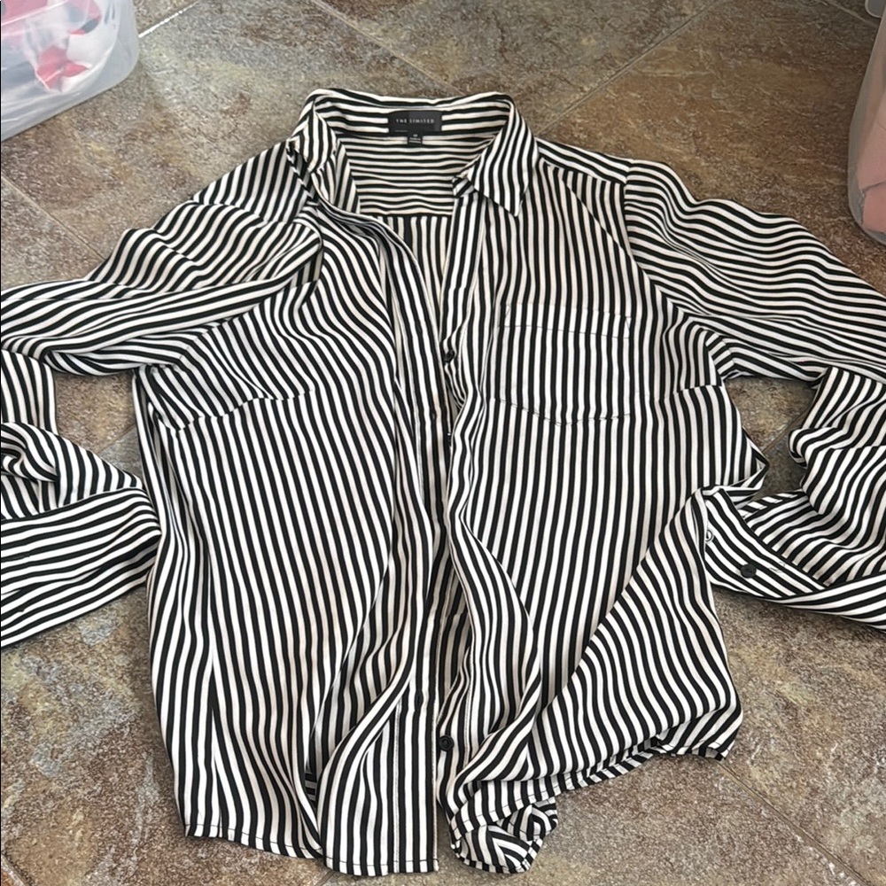 The Limited Women's Black and White Striped Button Down Shirt